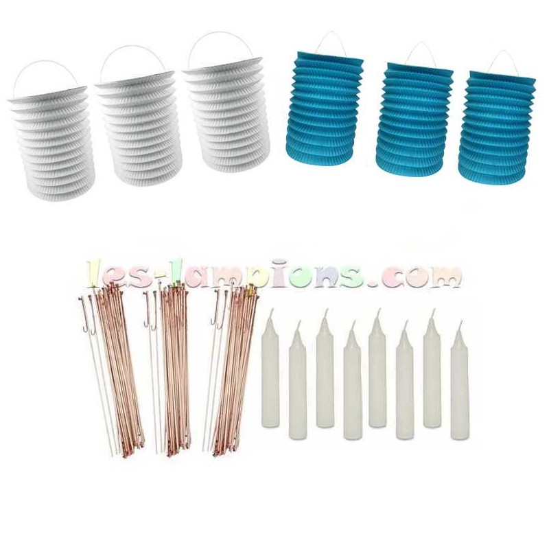 lot de lampions banc et Bleu avec bougies